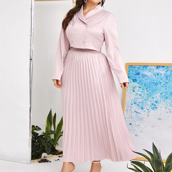 

Plus Shawl Collar Double Button Crop Blazer With Pleated Skirt, Baby pink