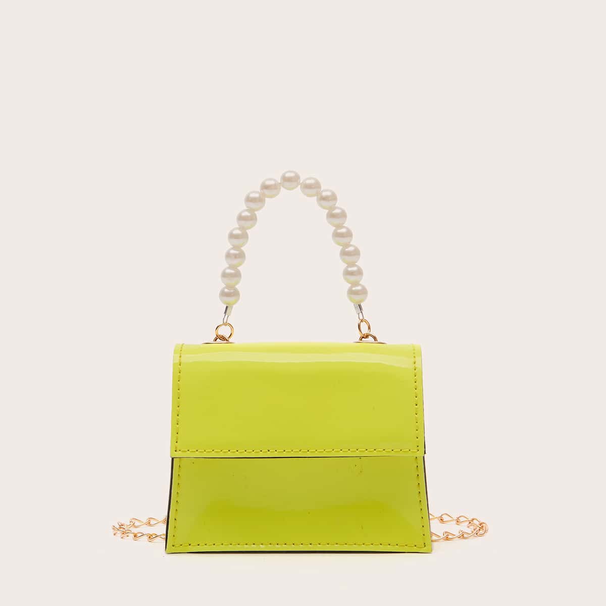 

Mini Faux Pearl Decor Flap Satchel Bag, Yellow
