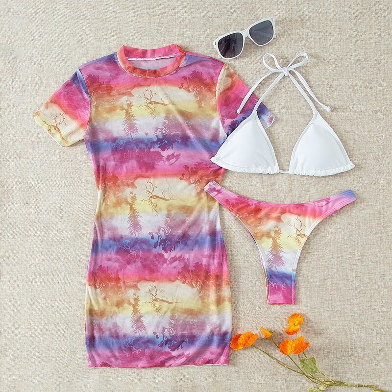 

3pack Halter Triangle Bikini Swimsuit & Cover Up, Multicolor
