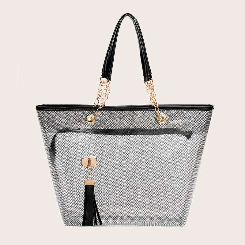 

Tassel Charm Clear Tote Bag, Black clear