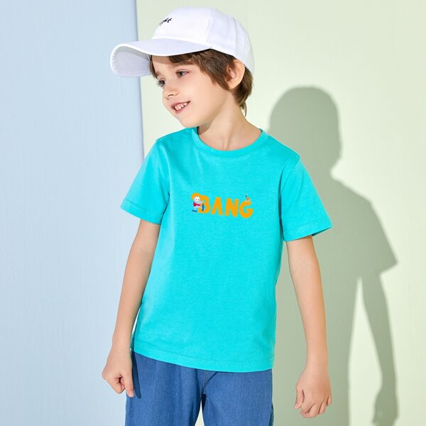 

Boys Letter Graphic Round Neck Tee, Mint blue