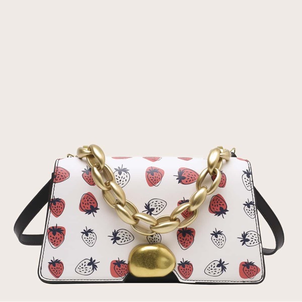 

Strawberry Graphic Chain Satchel Bag, White