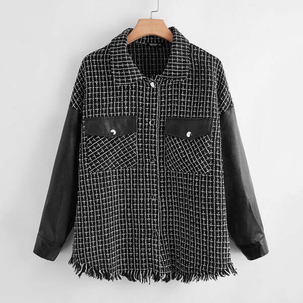 

Plus Plaid Print Raw Hem Flap Pocket Tweed Coat, Black