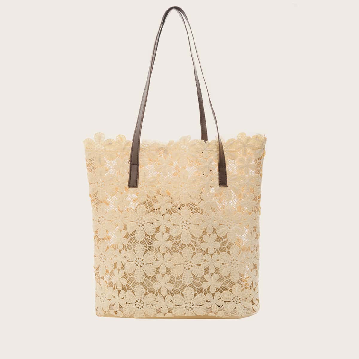 

Lace Panel Tote Bag With Inner Pouch, Khaki