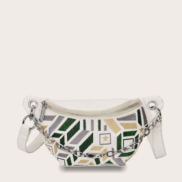 

Geometric Embroidered Fanny Pack, Beige