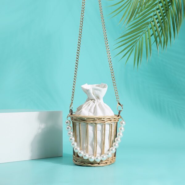 

Mini Faux Pearl Decor Drawstring Crossbody Bag, Khaki