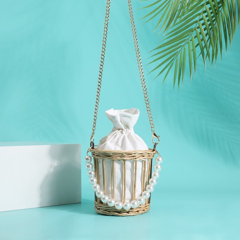 

Mini Faux Pearl Decor Drawstring Crossbody Bag, Khaki