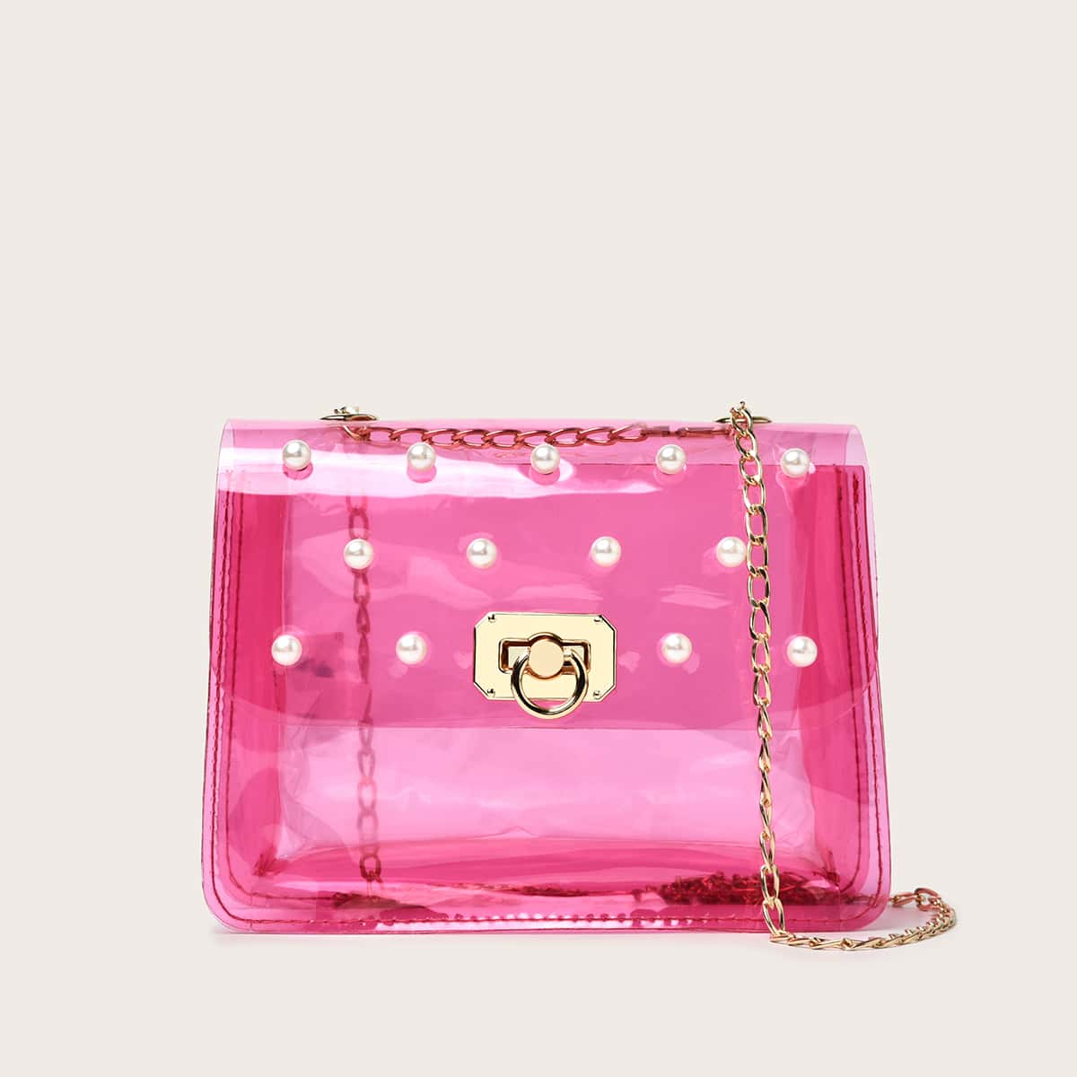 

Faux Pearl Decor Clear Crossbody Bag, Pink
