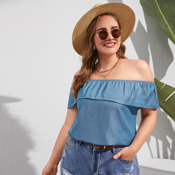 

Plus Ruffle Off The Shoulder Denim Top, Medium wash
