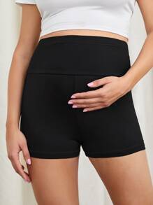 SHEIN Maternity Wide Waistband Biker Shorts - Black - View 3