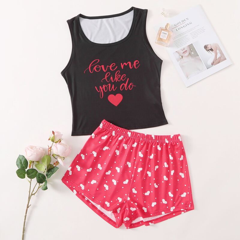 

Slogan & Heart Print Pajama Set, Multicolor