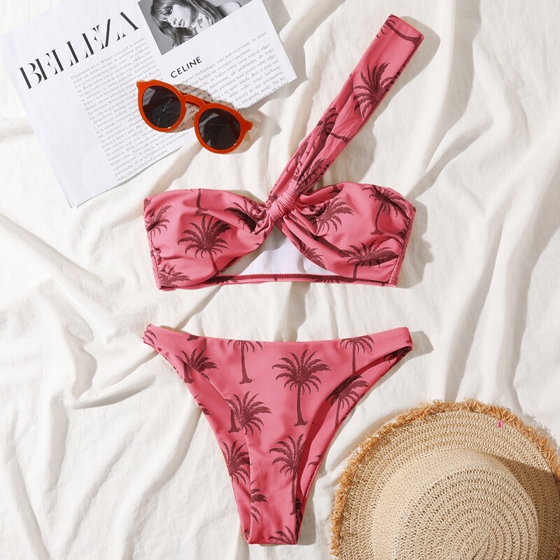 

Palm Tree Print One Shoulder Bikini Swimsuit, Pink