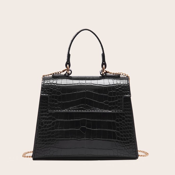

Croc Embossed Flap Satchel Bag, Black
