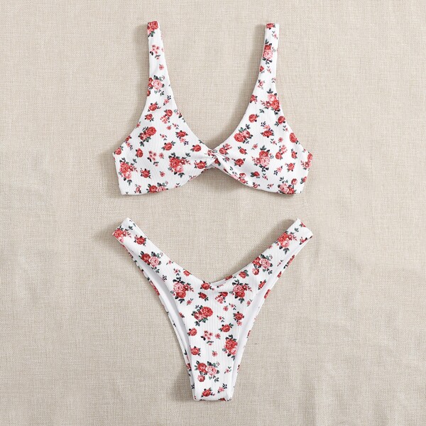 

Floral Rib Twist High Cut Bikini Swimsuit, Multicolor