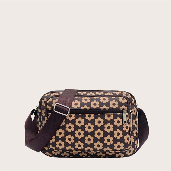 

Allover Floral Pattern Crossbody Bag, Brown