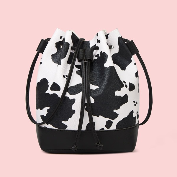 

Cow Pattern Bucket Bag, Black and white