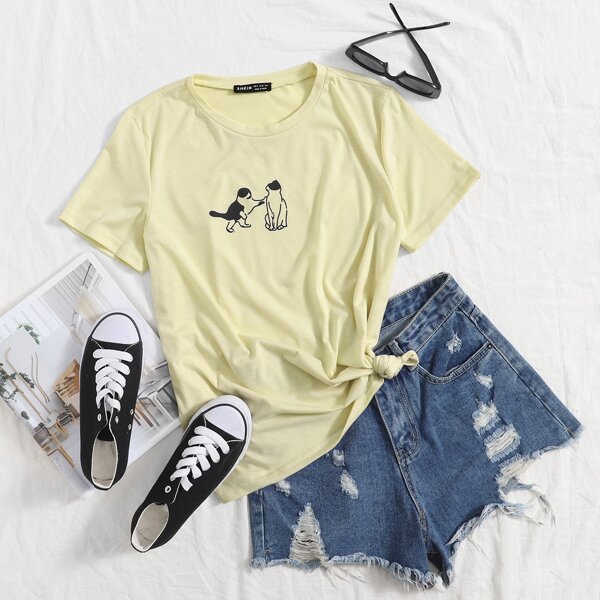 

Cartoon Graphic Round Neck Tee, Yellow