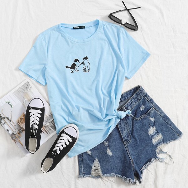 

Cartoon Graphic Round Neck Tee, Baby blue