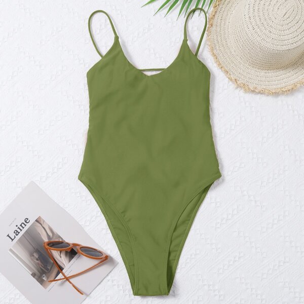 

Backless High Leg One Piece Swimsuit, Olive green