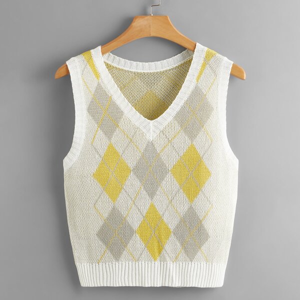 

V Neck Argyle Pattern Sweater Vest, Multicolor