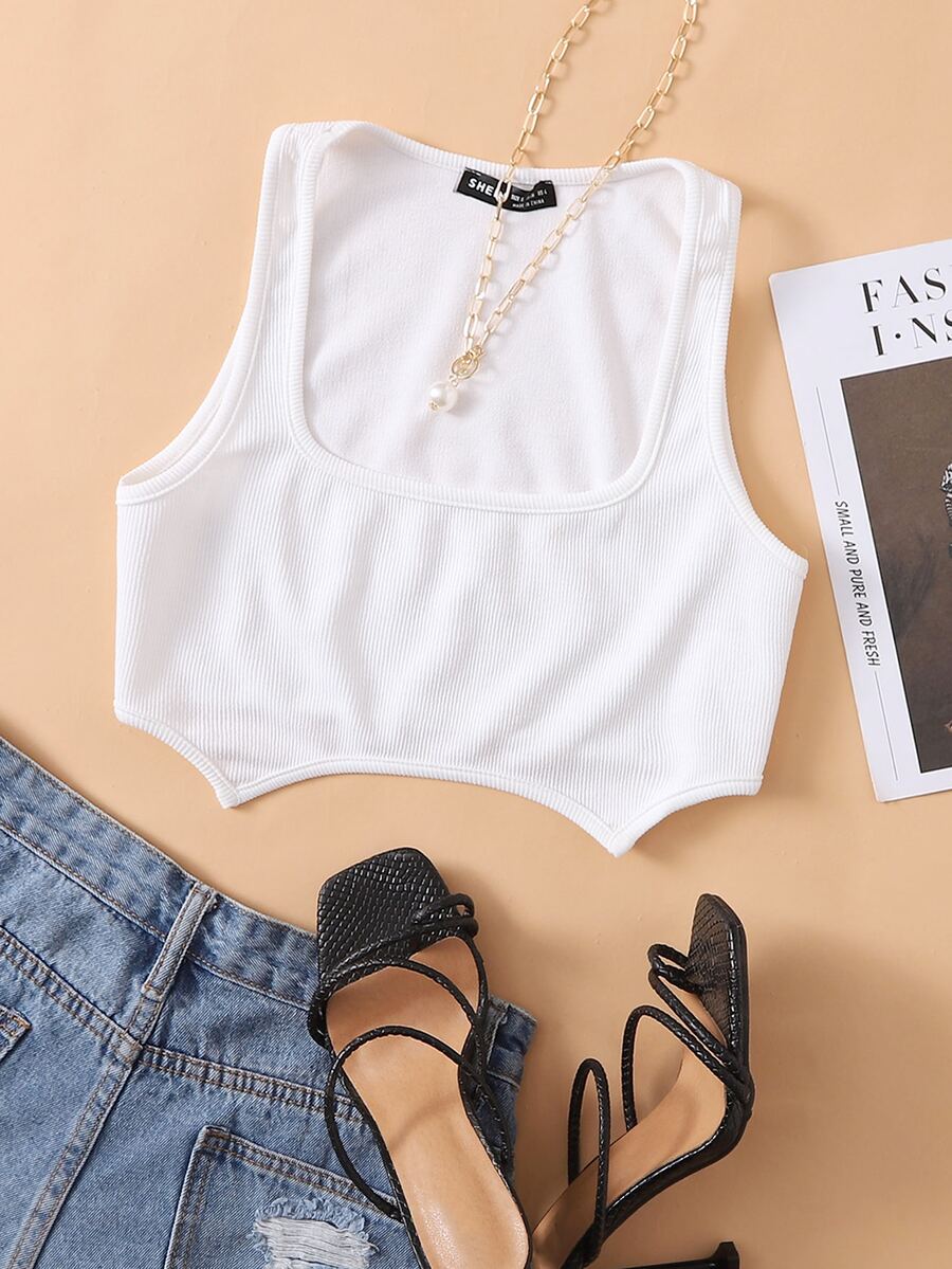 Top corto tank tejido de canalé bajo asimétrico de cuello redondo - Blanco - Ver 1
