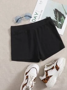 SHEIN EZwear 素色機車短褲 - 黑色 - 查看 1
