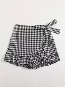 Soleia Knot Side Ruffle Trim Gingham Skort - Black and White - View 3