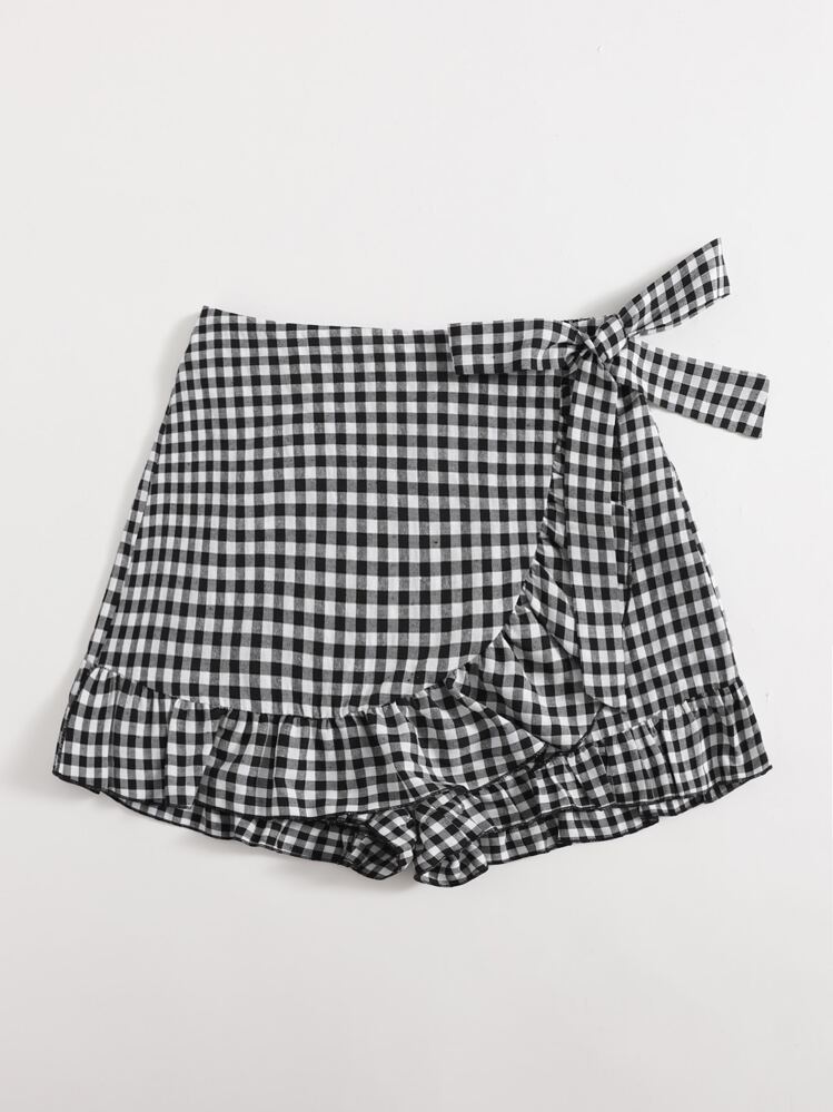 Soleia 結飾荷葉邊格紋褲裙 - 黑與白 - 查看 3