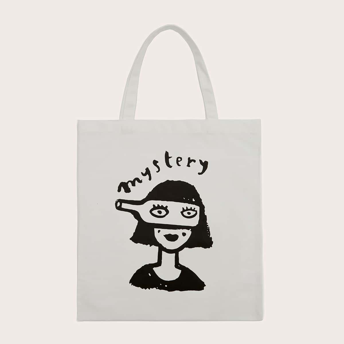 

Figure & Letter Graphic Tote Bag, White