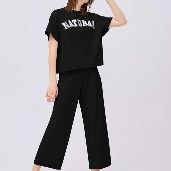 

Drop Shoulder Letter Graphic Top & Pants Set, Black