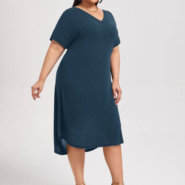 

Plus V-neck Batwing Sleeve Midi Tee Dress, Navy blue