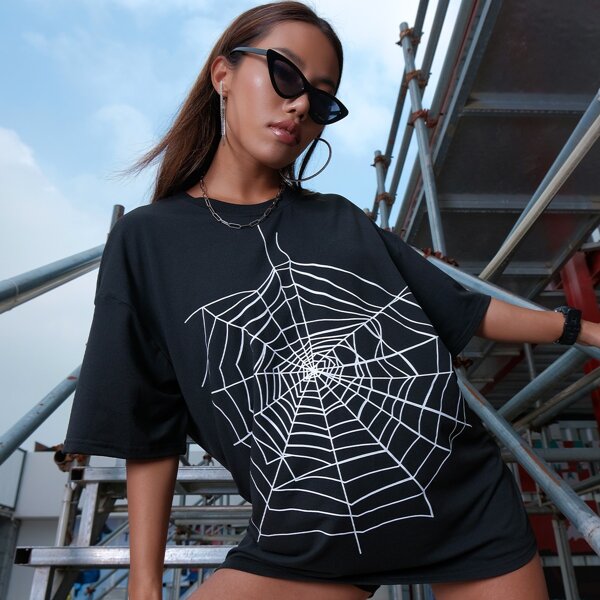 

Cobweb Print Oversized Longline Tee, Black