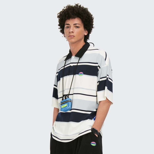 

Men Letter Patch Drop Shoulder Striped Polo Shirt, Multicolor