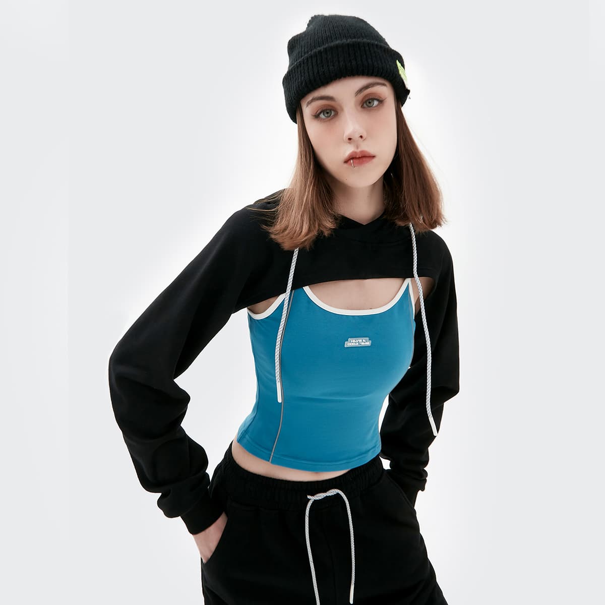 

Drawstring Super Crop Hoodie, Black