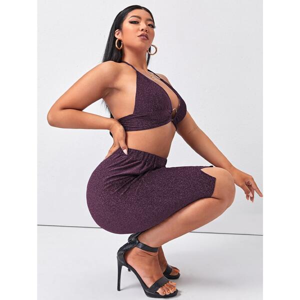 

Plus Glitter O-Ring Linked Crop Halter Top & Skirt, Purple