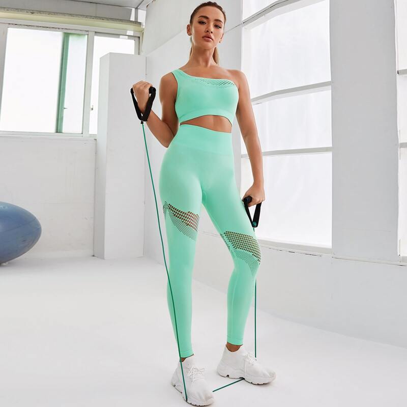 

One Shoulder Sports Bra & Cut Out Leggings, Mint green