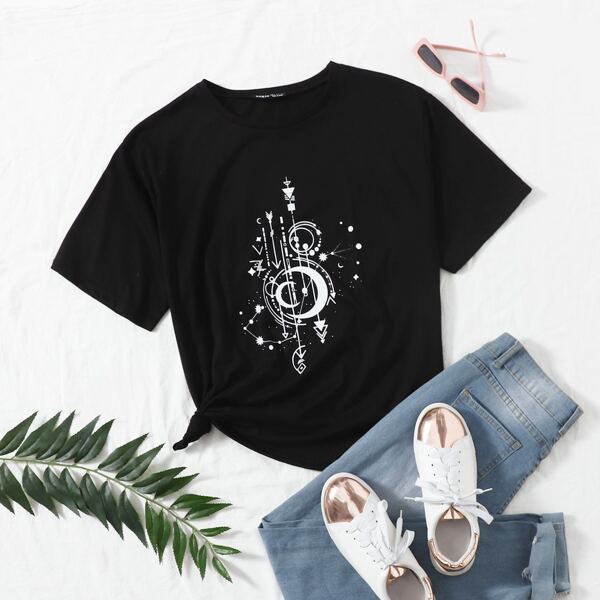 

Drop Shoulder Graphic Print Tee, Black