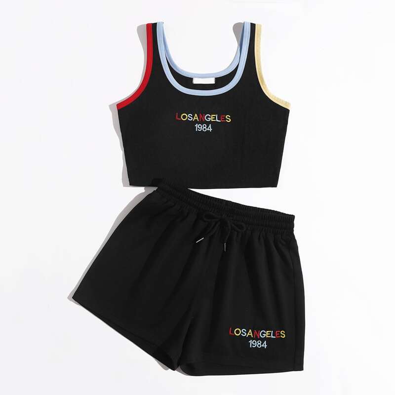 

Letter Embroidery Ringer Crop Cami & Drawstring Shorts, Multicolor