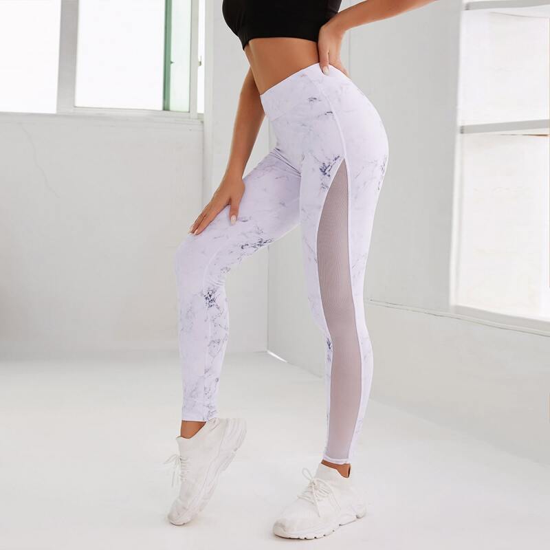 

Marble Print Mesh Panel Sports Leggings, White