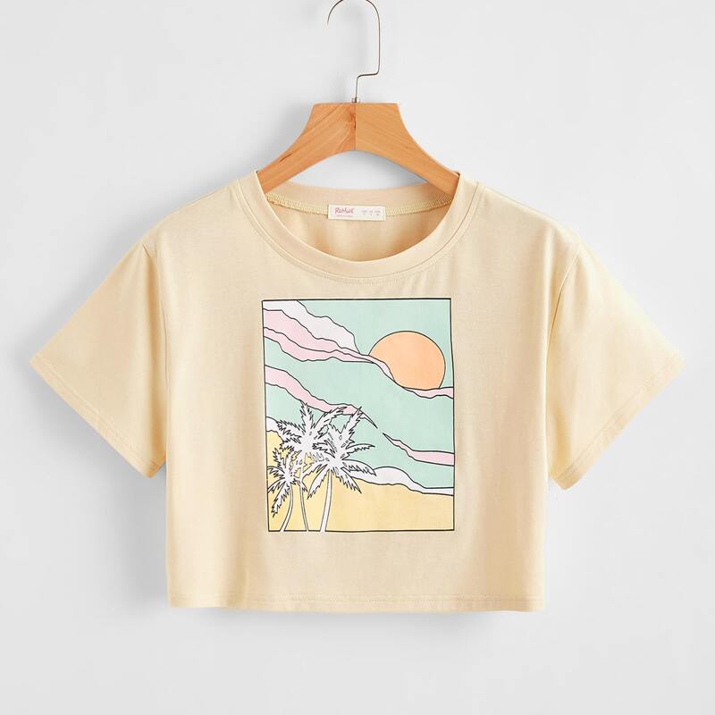 

Sun & Coconut Tree Graphic Crop Tee, Beige