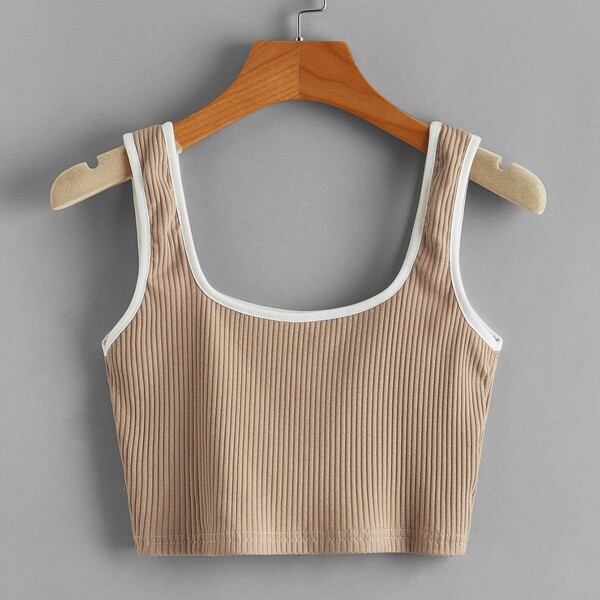 

Plus Contrast Trim Rib-Knit Tank Top, Khaki