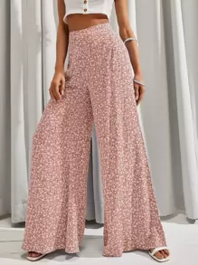 Ditsy Floral Wide Leg Trousers - Baby Pink - View 1