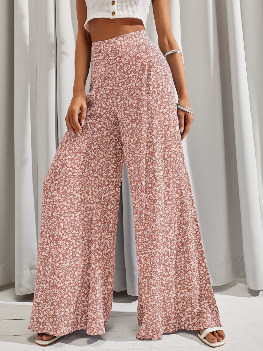 Ditsy Floral Wide Leg Trousers - Baby Pink - View 1