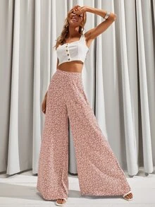 Ditsy Floral Wide Leg Trousers - Baby Pink - View 3
