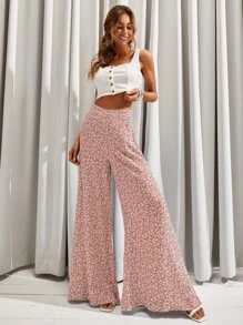 Ditsy Floral Wide Leg Trousers - Baby Pink - View 5