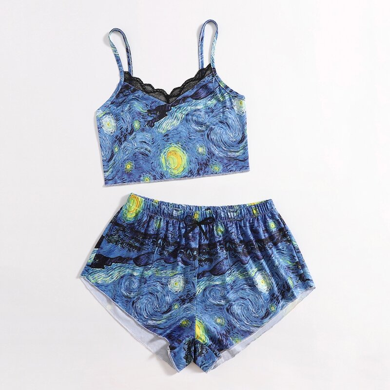 

Contrast Lace Starry Night Pajama Set, Multicolor