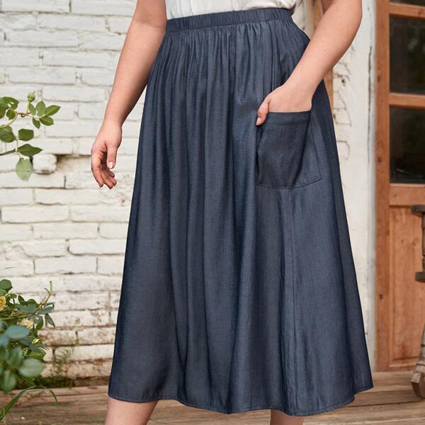 

Plus Elastic Waist Pocket Denim Skirt, Dark wash