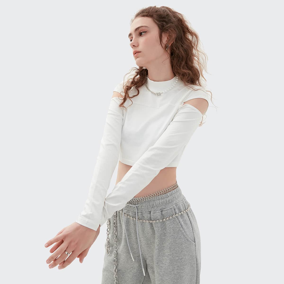

Mock Neck Cut-out Solid Crop Tee, White
