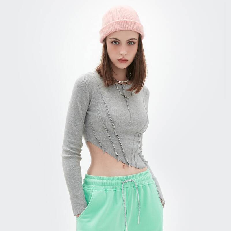 

Asymmetrical Hem Stitch Trim Crop Tee, Light grey