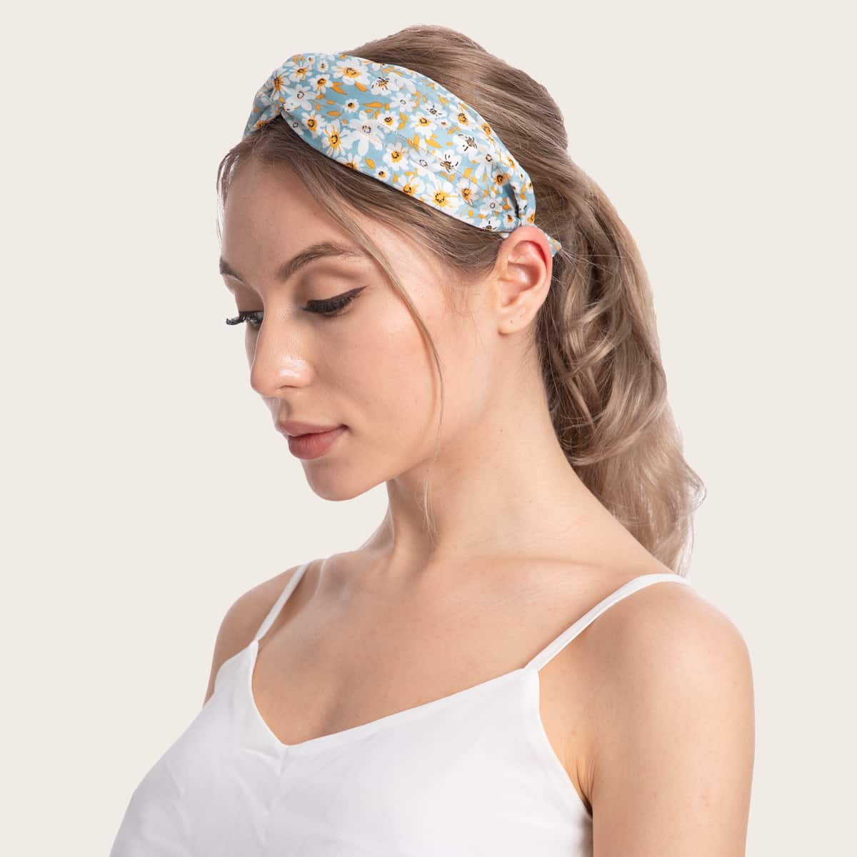 

Floral Print Wide Headband, Baby blue